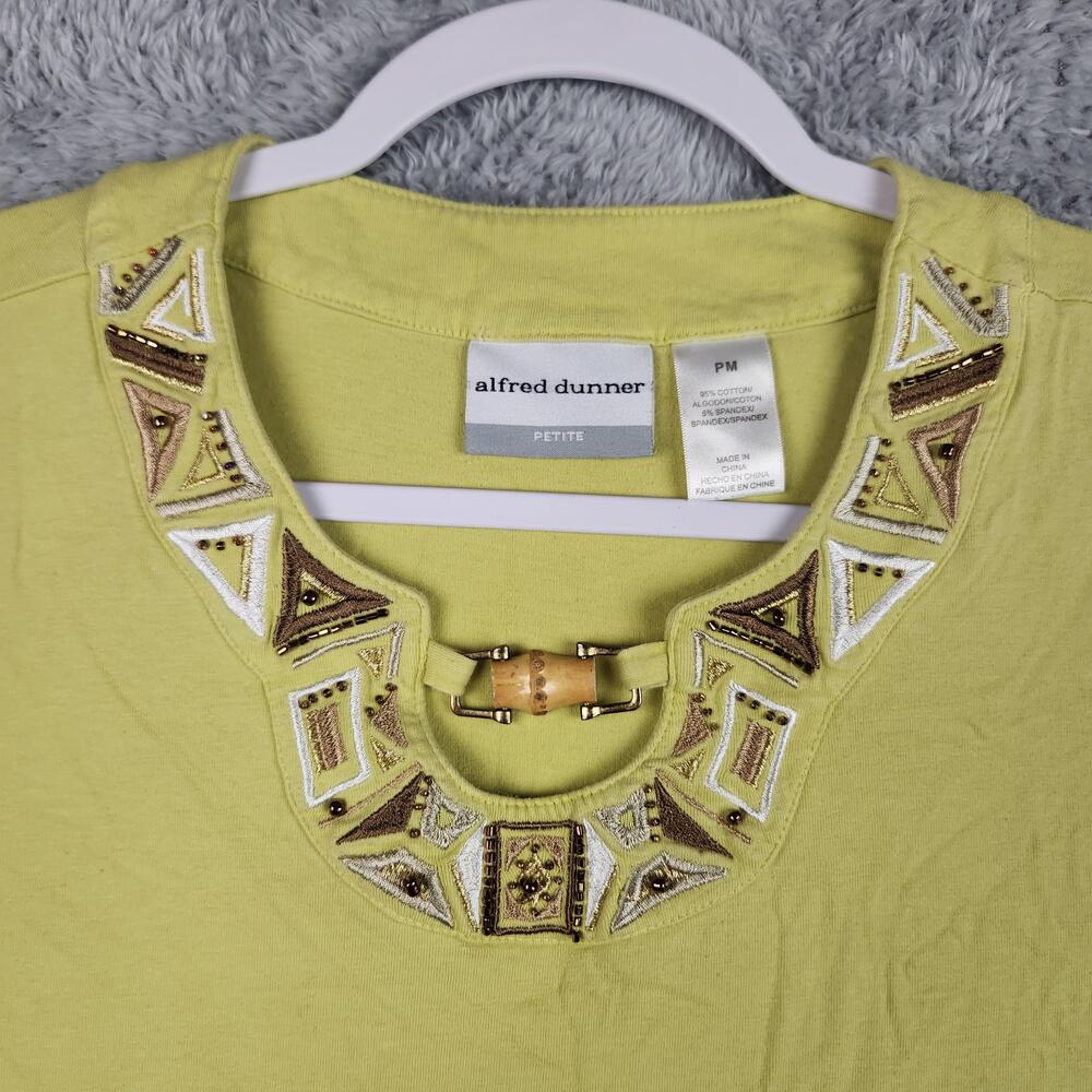 Vintage Alfred Dunner Shirt Womens PM Petite Green Beaded Buckle Scoop Neck Y2k